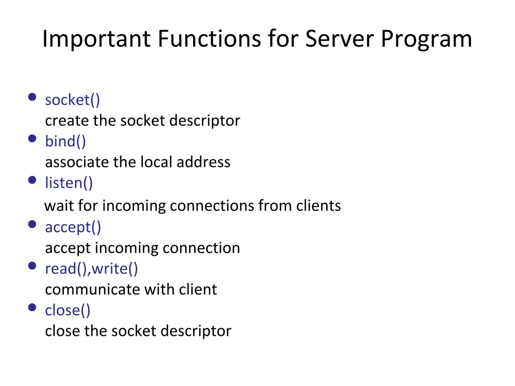 important functions for server program