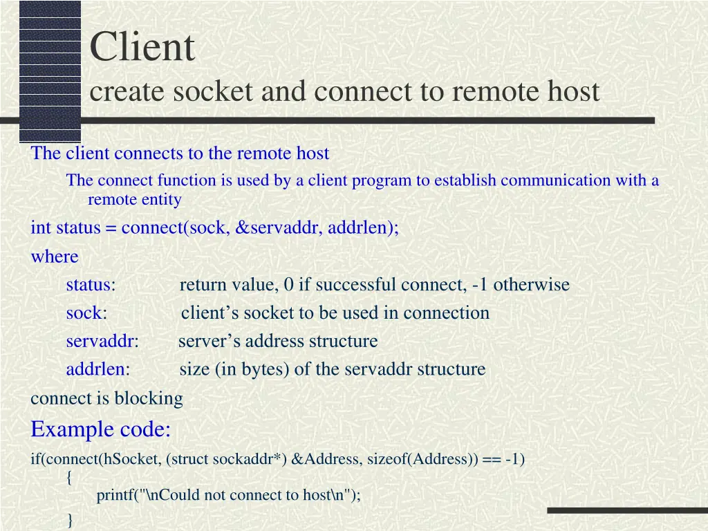client create socket and connect to remote host