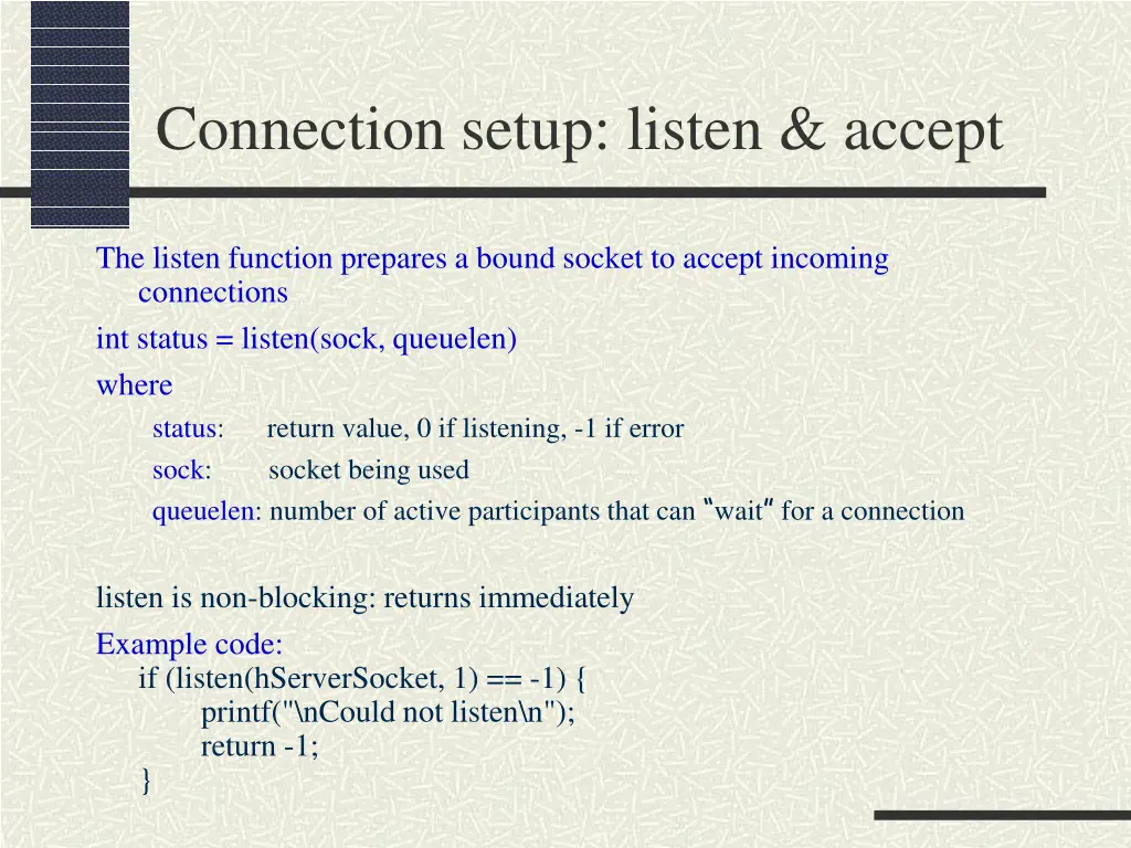 connection setup listen accept
