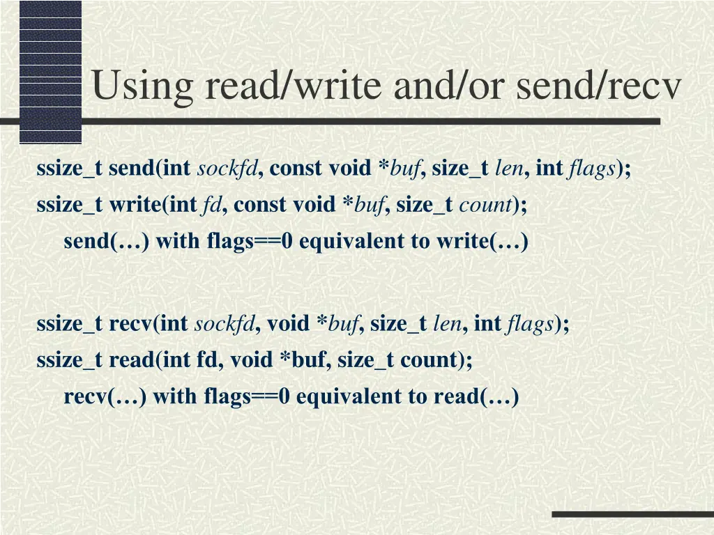 using read write and or send recv