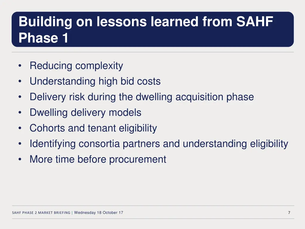 building on lessons learned from sahf phase 1