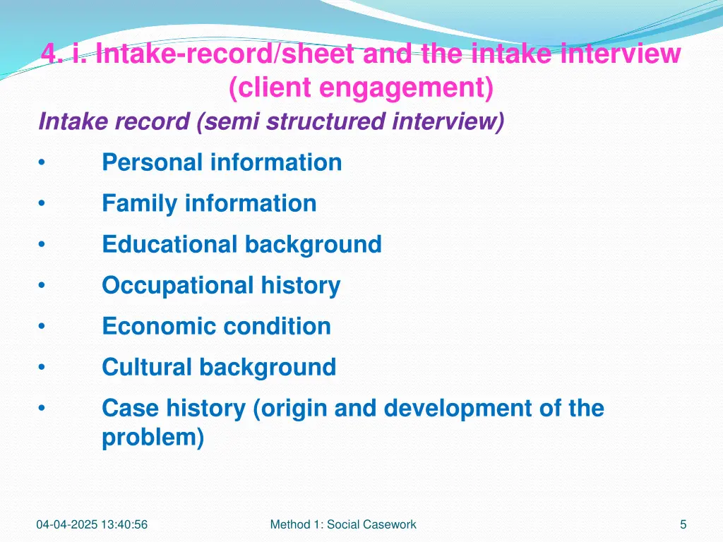 4 i intake record sheet and the intake interview