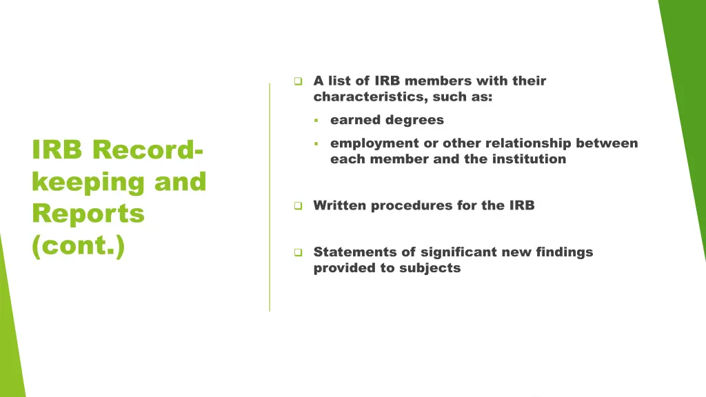 a list of irb members with their characteristics
