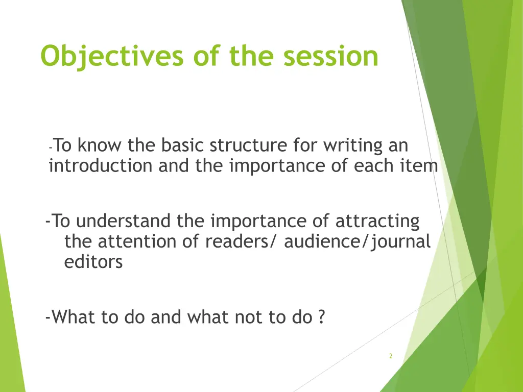objectives of the session