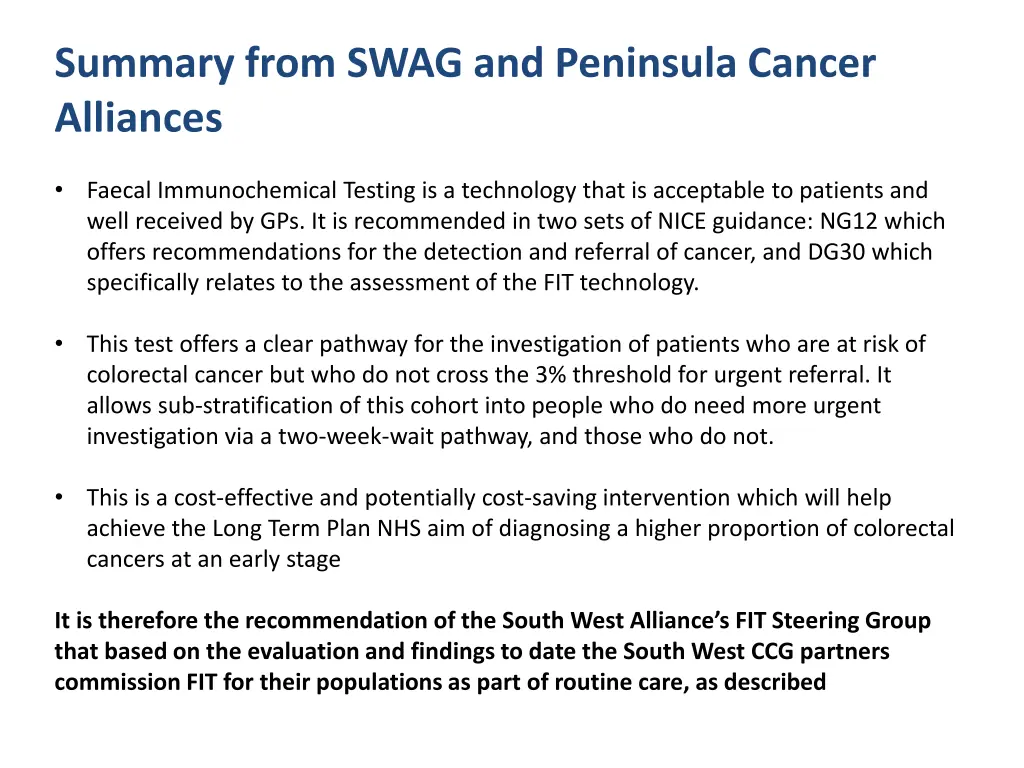 summary from swag and peninsula cancer alliances