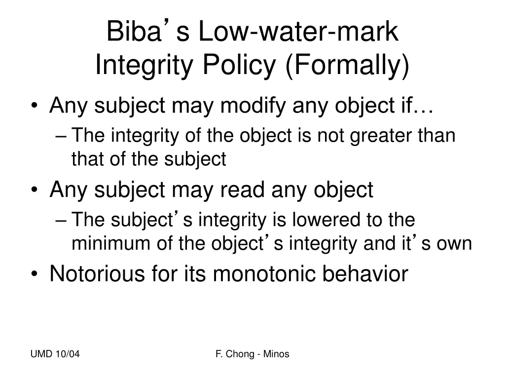 biba s low water mark integrity policy formally