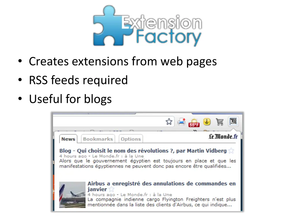 creates extensions from web pages rss feeds