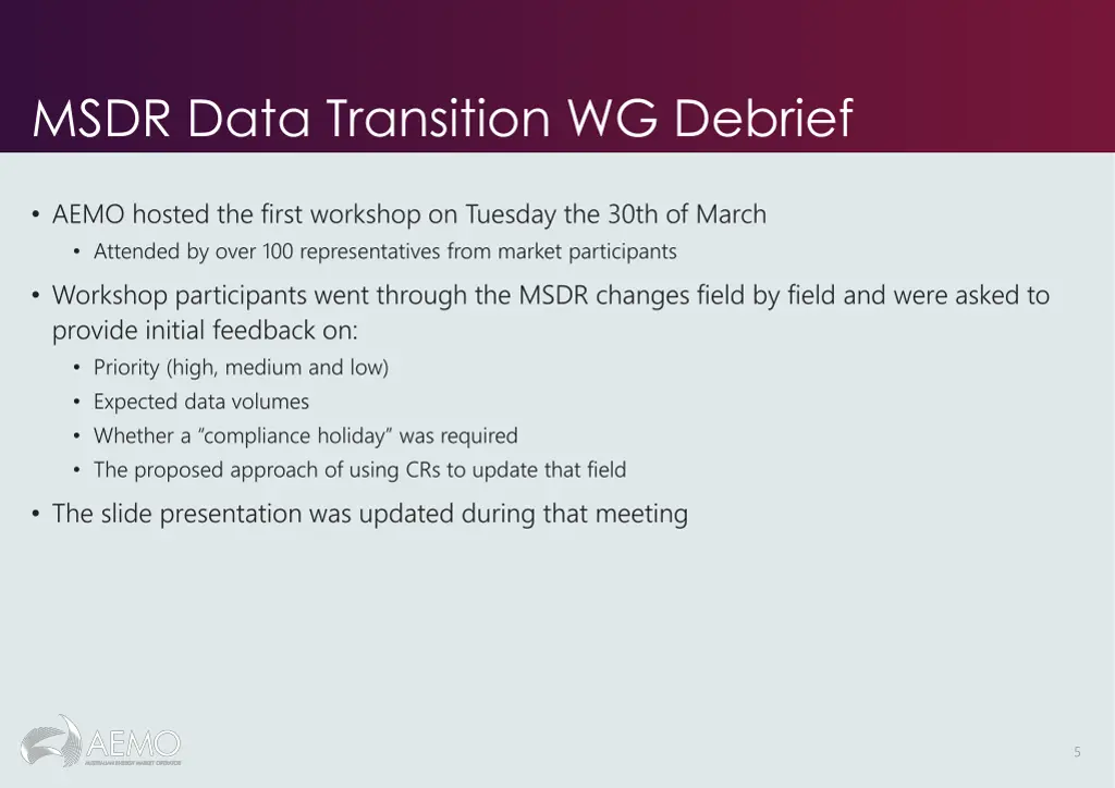 msdr data transition wg debrief