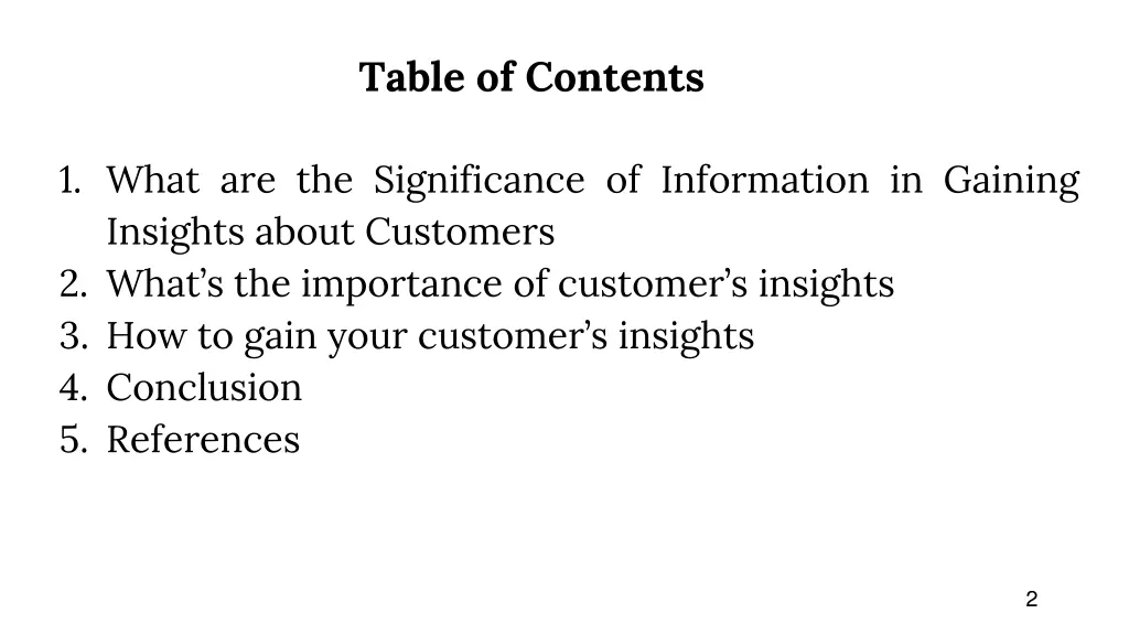 table of contents
