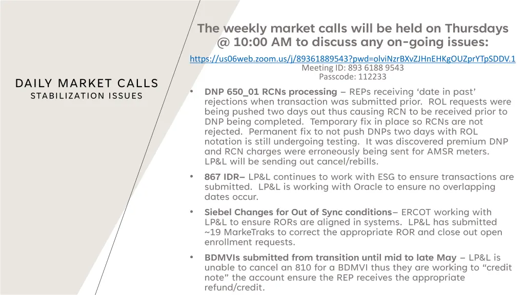 the weekly market calls will be held on thursdays