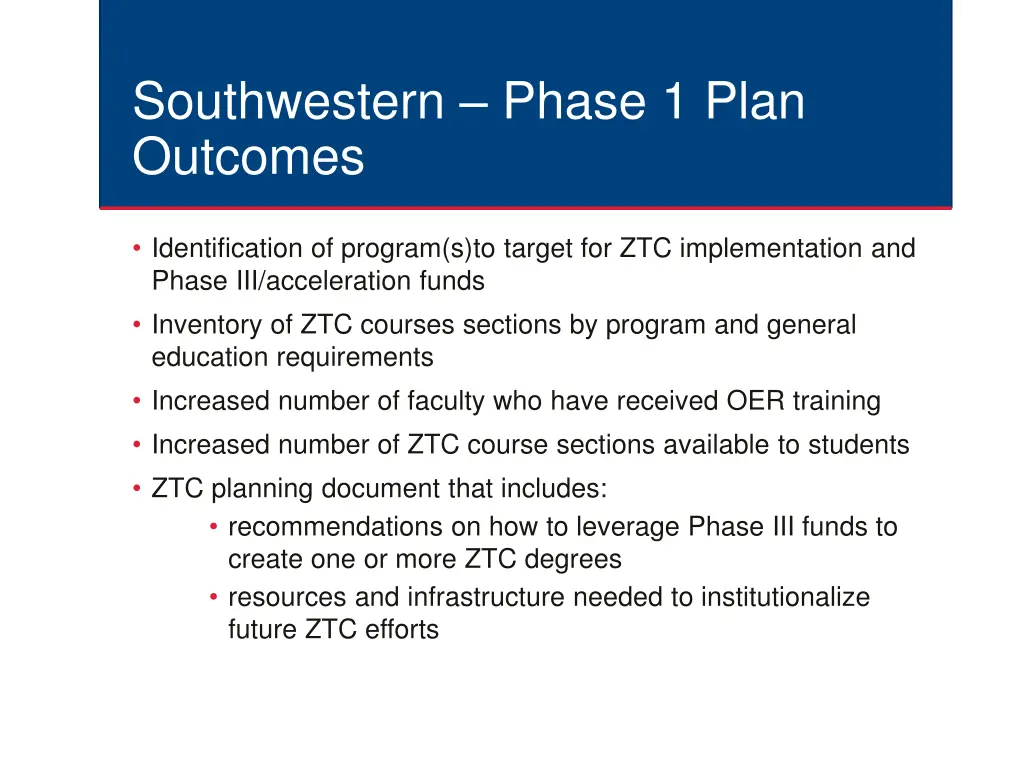 southwestern phase 1 plan outcomes