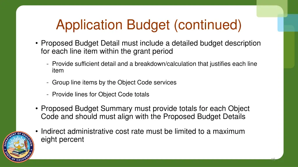 application budget continued