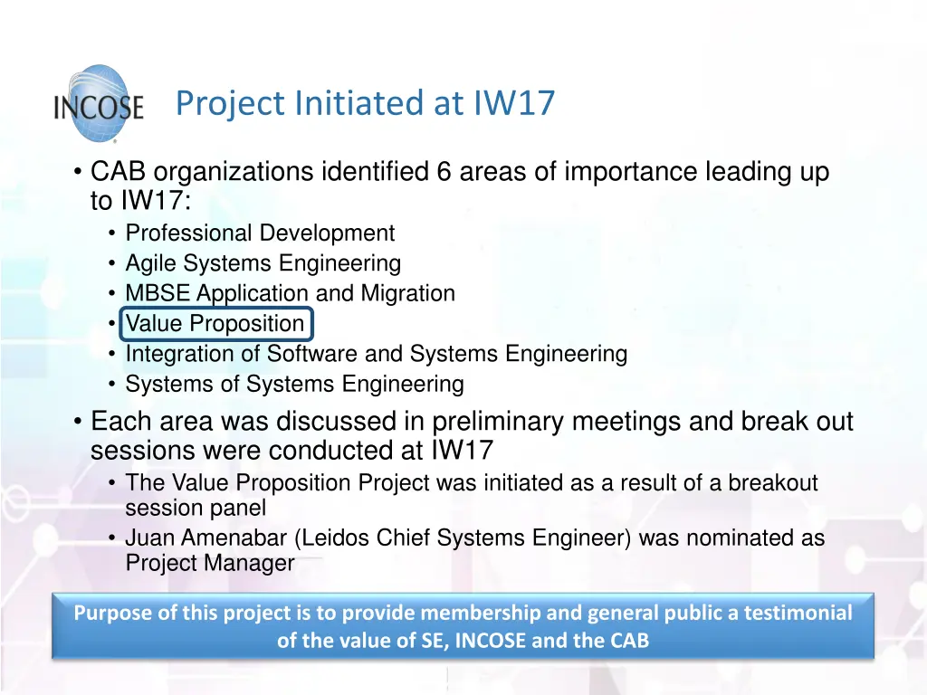 project initiated at iw17