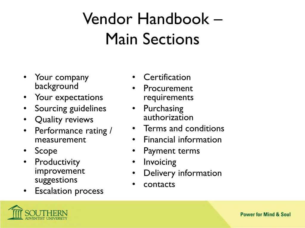 vendor handbook main sections