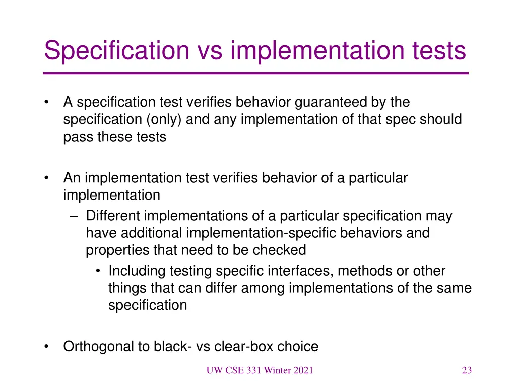 specification vs implementation tests