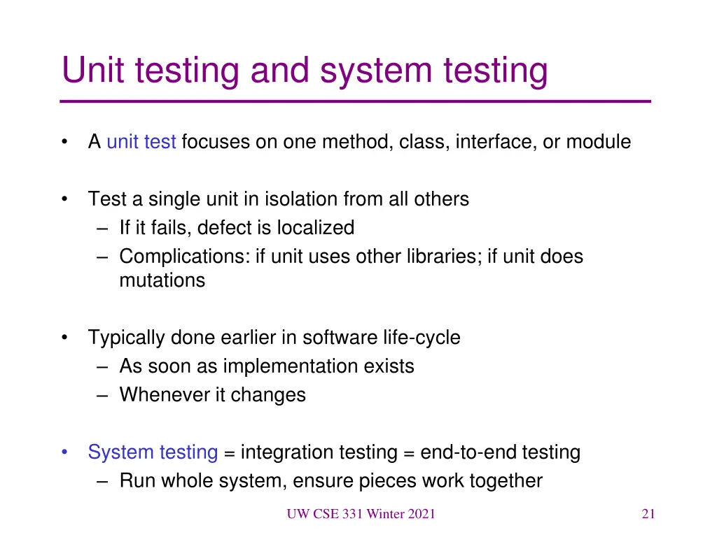 unit testing and system testing