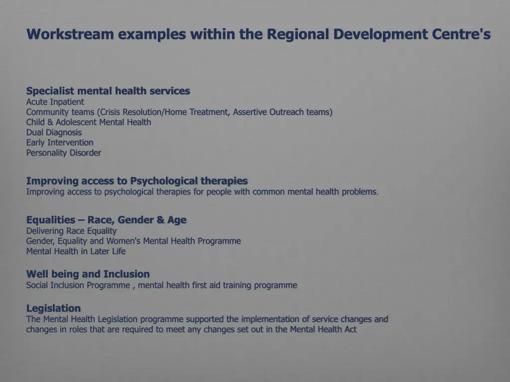 workstream examples within the regional