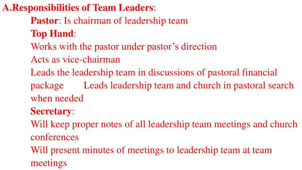a responsibilities of team leaders pastor