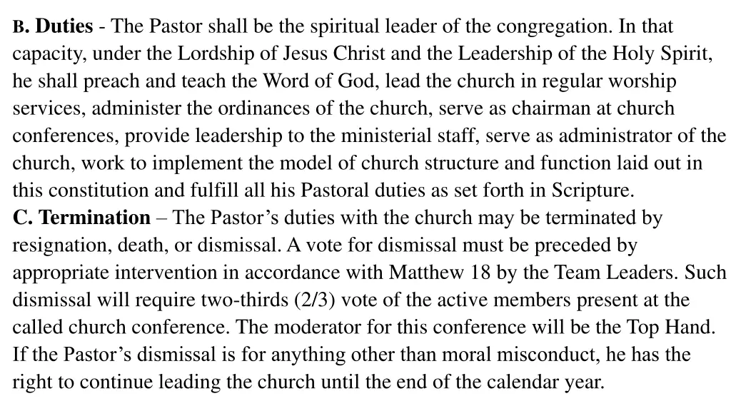 b duties the pastor shall be the spiritual leader
