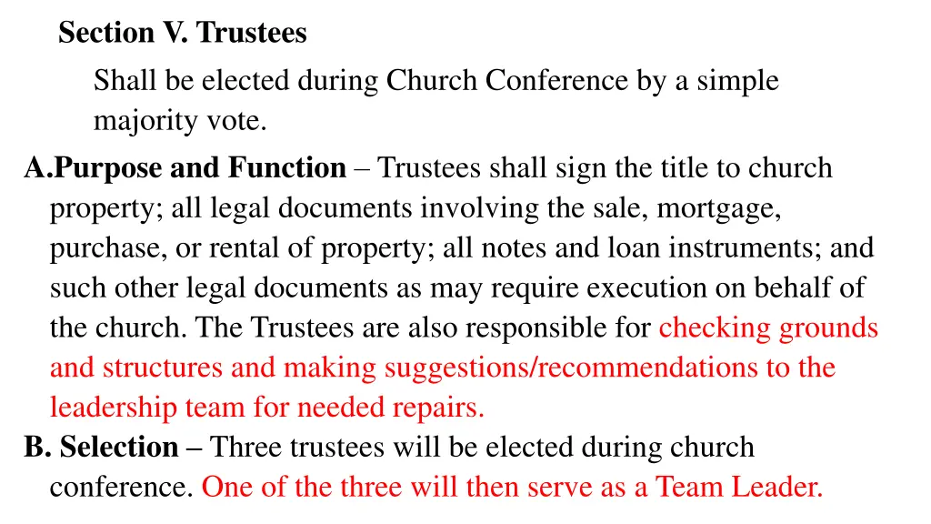 section v trustees shall be elected during church