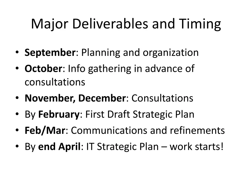 major deliverables and timing