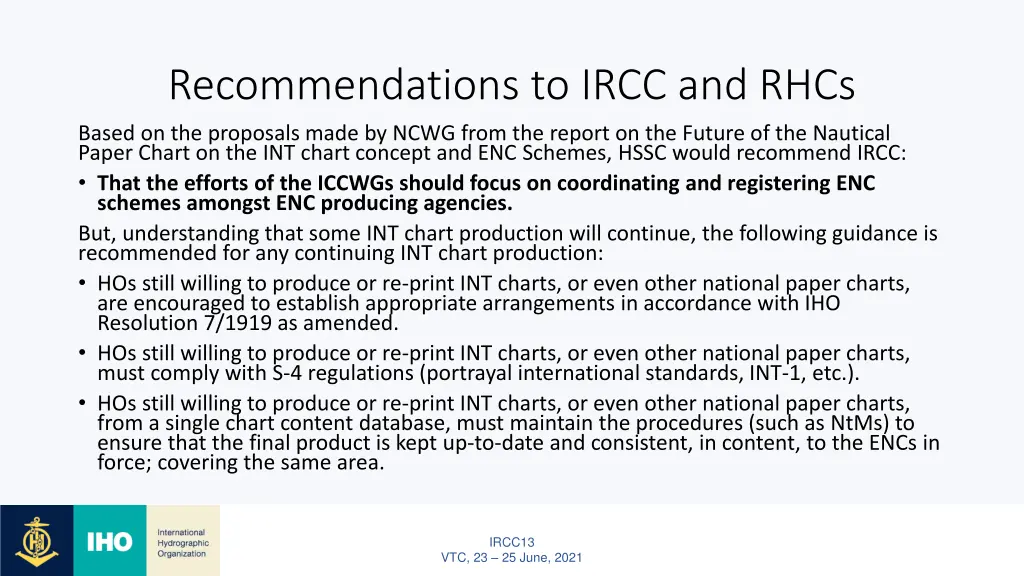 recommendations to ircc and rhcs based