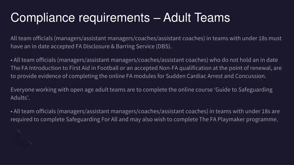 compliance requirements adult teams
