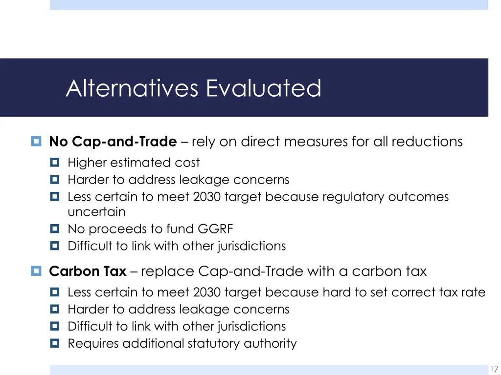 alternatives evaluated