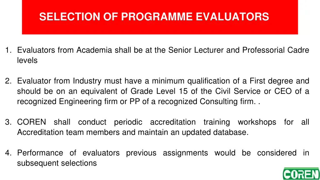 selection of programme evaluators