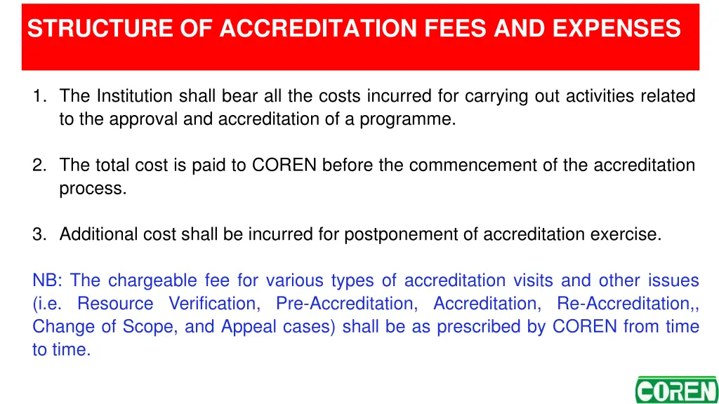 structure of accreditation fees and expenses