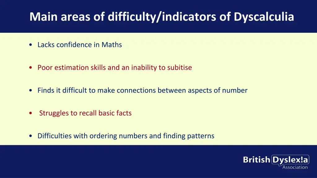 main areas of difficulty indicators of dyscalculia
