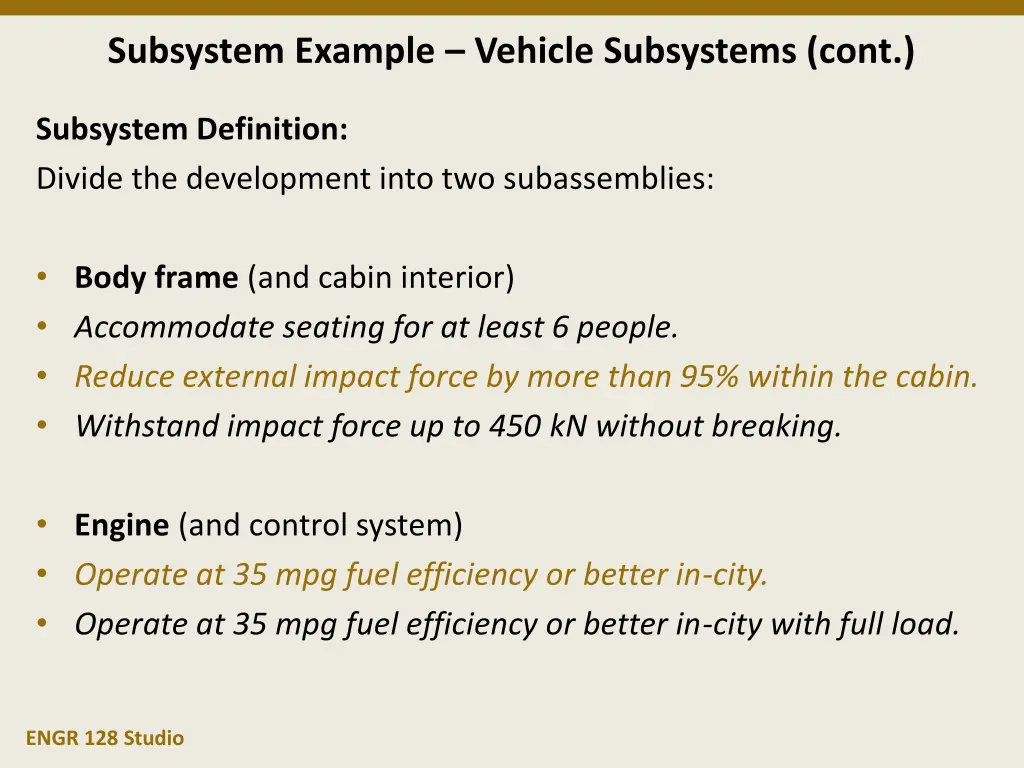 subsystem example vehicle subsystems cont 1