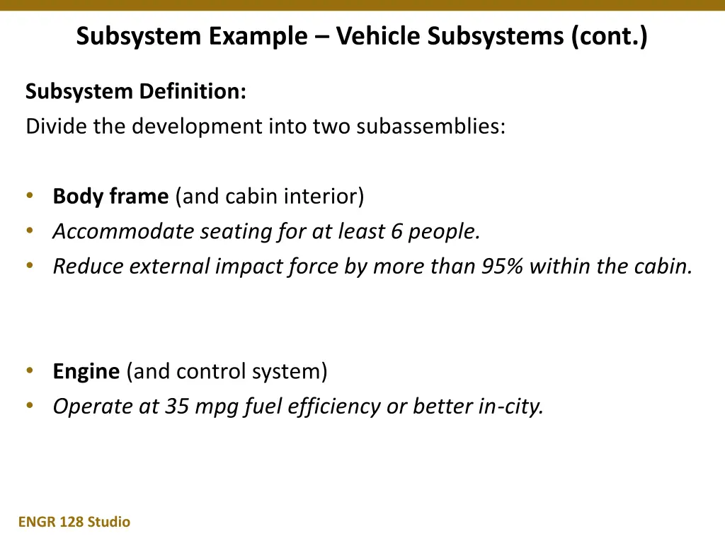 subsystem example vehicle subsystems cont