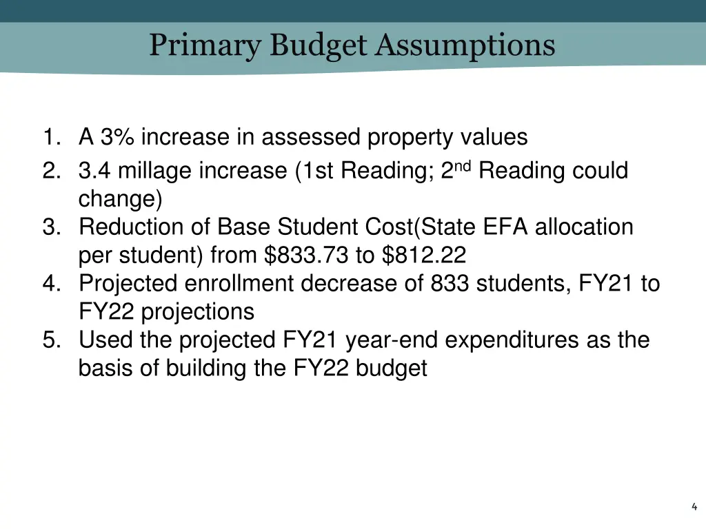 primary budget assumptions