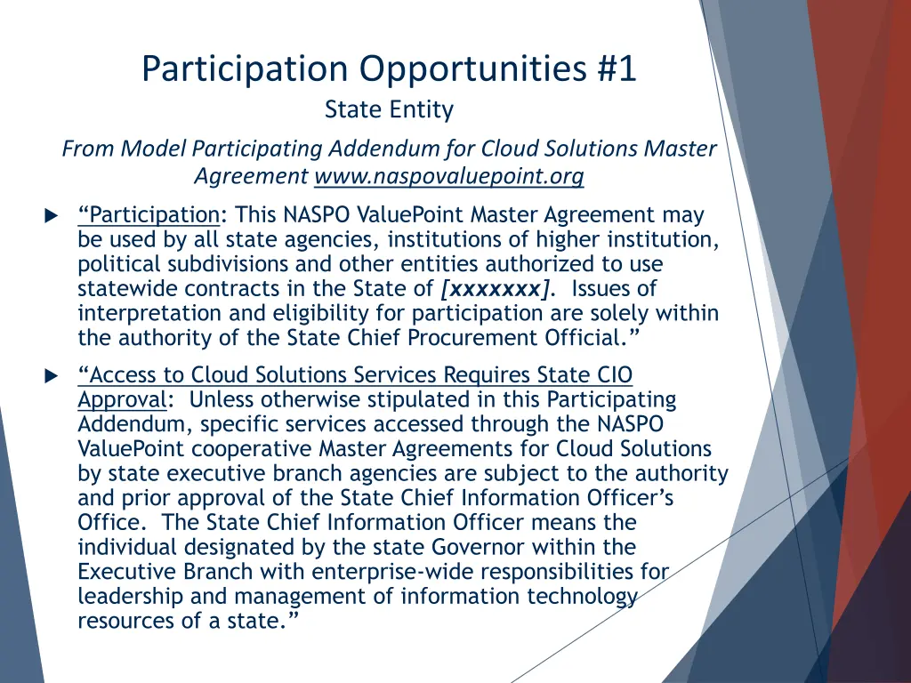participation opportunities 1 state entity from
