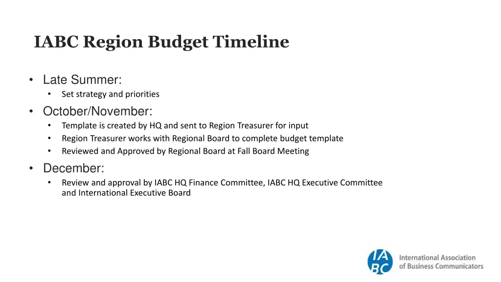 iabc region budget timeline