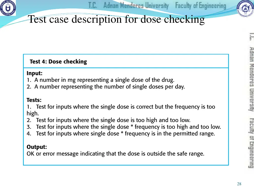 test case description for dose checking