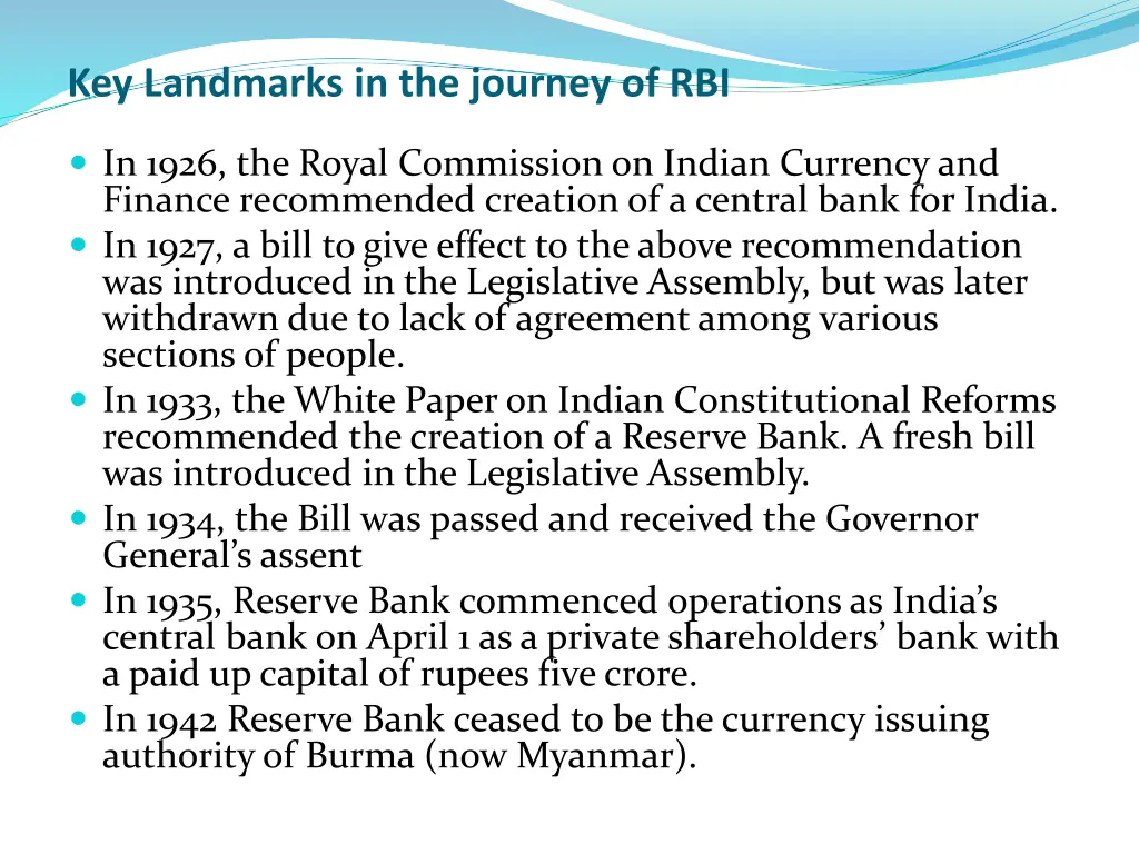 key landmarks in the journey of rbi