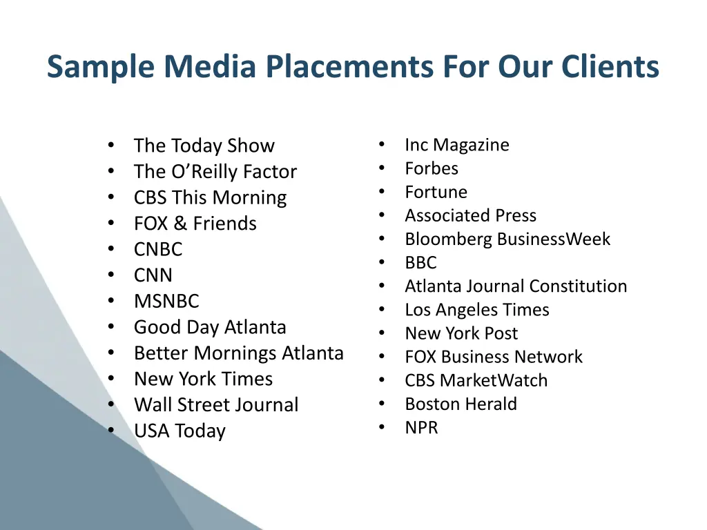 sample media placements for our clients