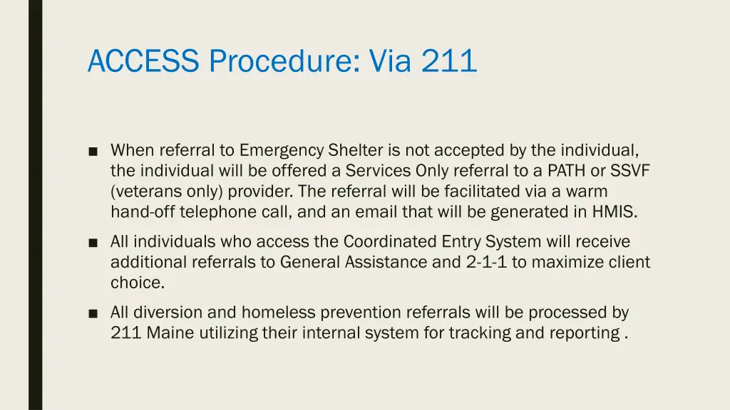 access procedure via 211 1