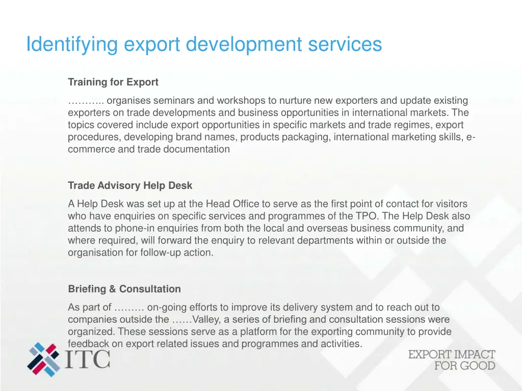 identifying export development services