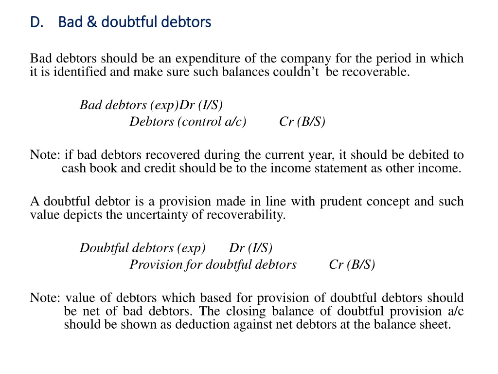d d bad doubtful debtors bad doubtful debtors