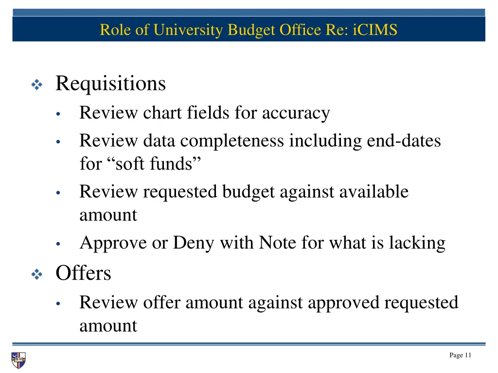 role of university budget office re icims