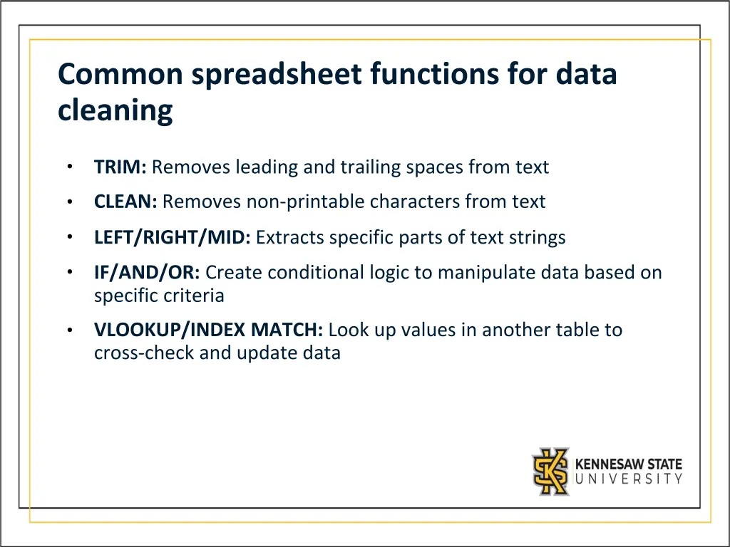 common spreadsheet functions for data cleaning