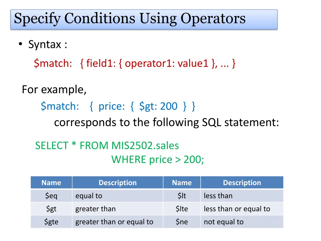 specify conditions using operators