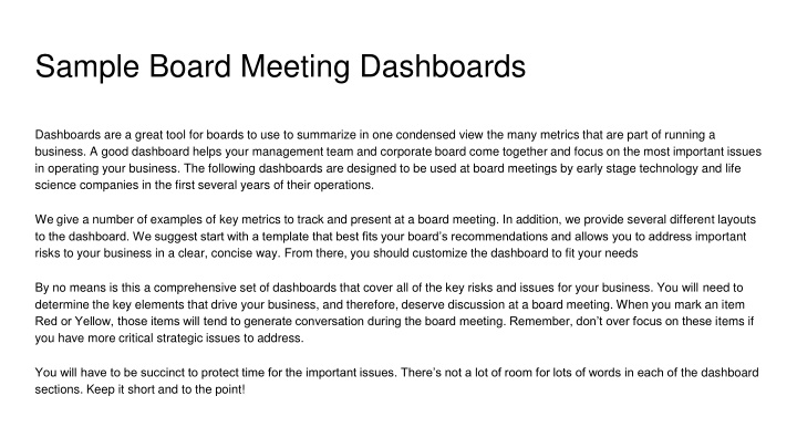 sample board meeting dashboards