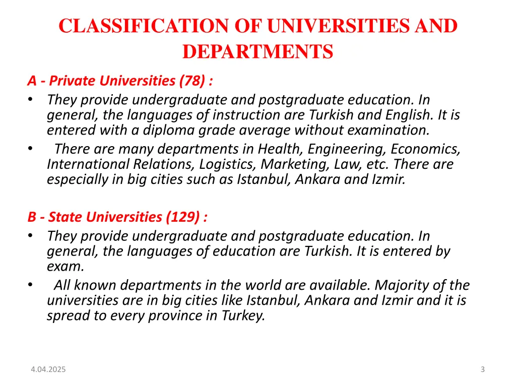 classification of universities and departments