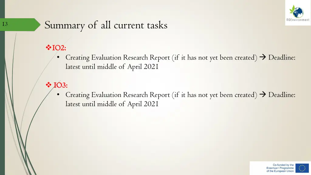 summary of all current tasks
