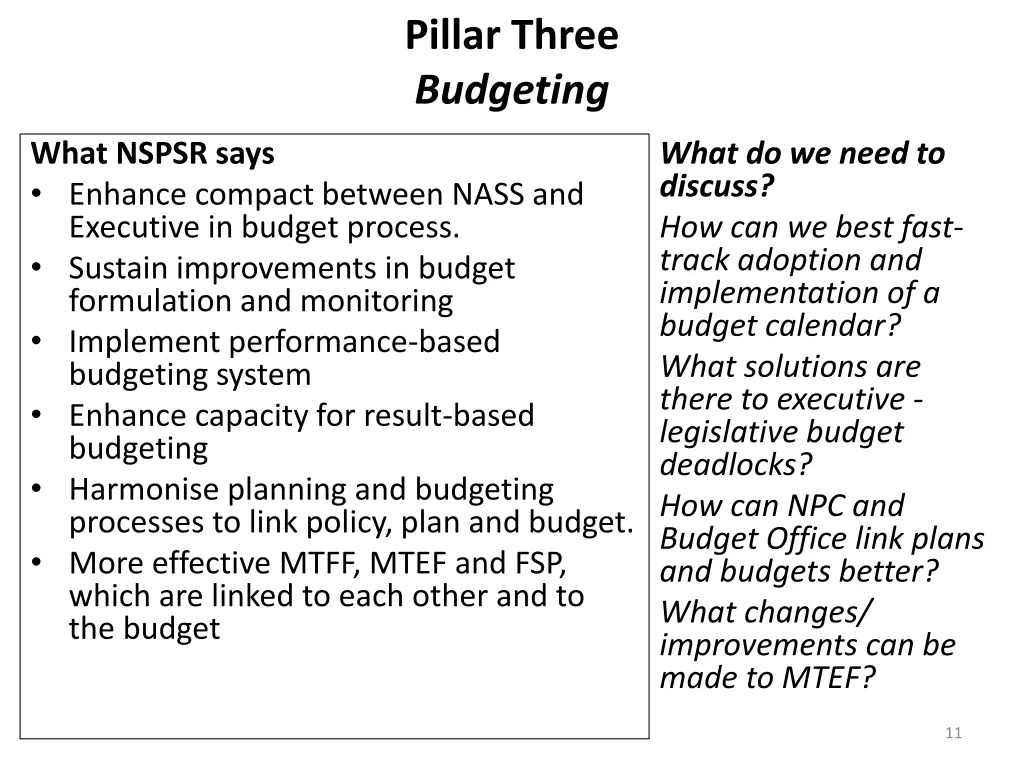 pillar three budgeting