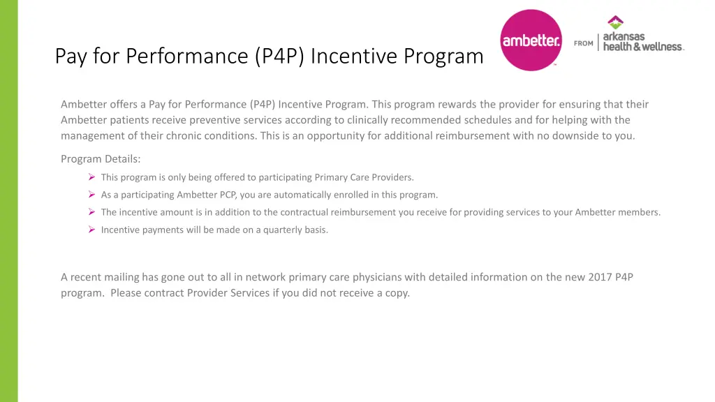 pay for performance p4p incentive program